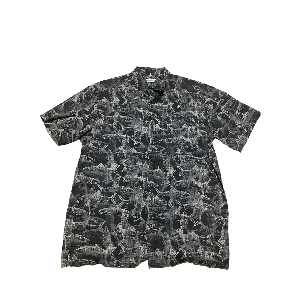 Columbia PFG Mens Medium Short Sleeve Fish Print‎ Button Down Shirt Grey